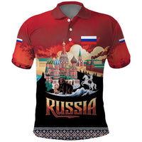Russia Flag Red and Black Pullover Polo Shirt with Moscow Skyline Bear and Horse Design