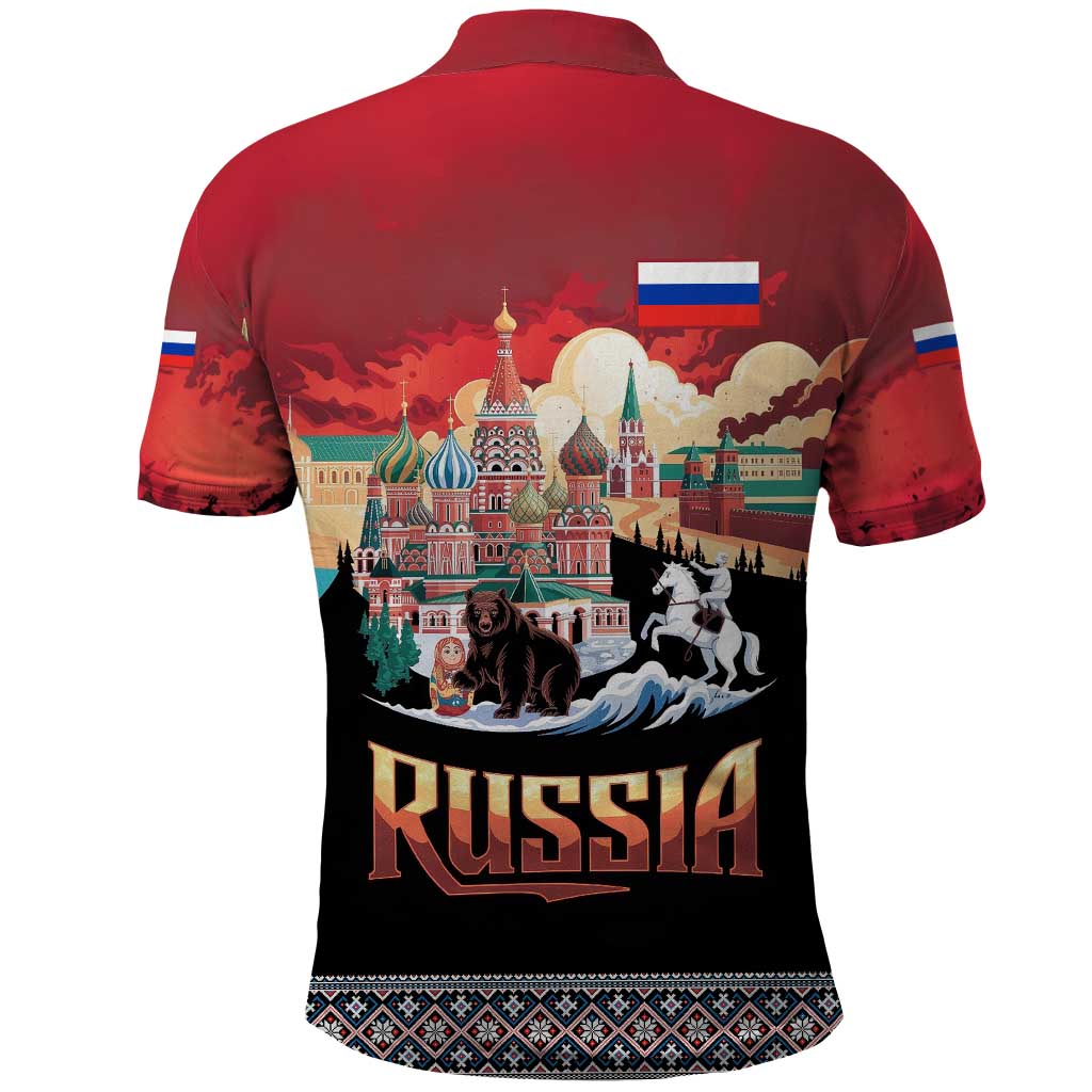 Russia Flag Red and Black Pullover Polo Shirt with Moscow Skyline Bear and Horse Design