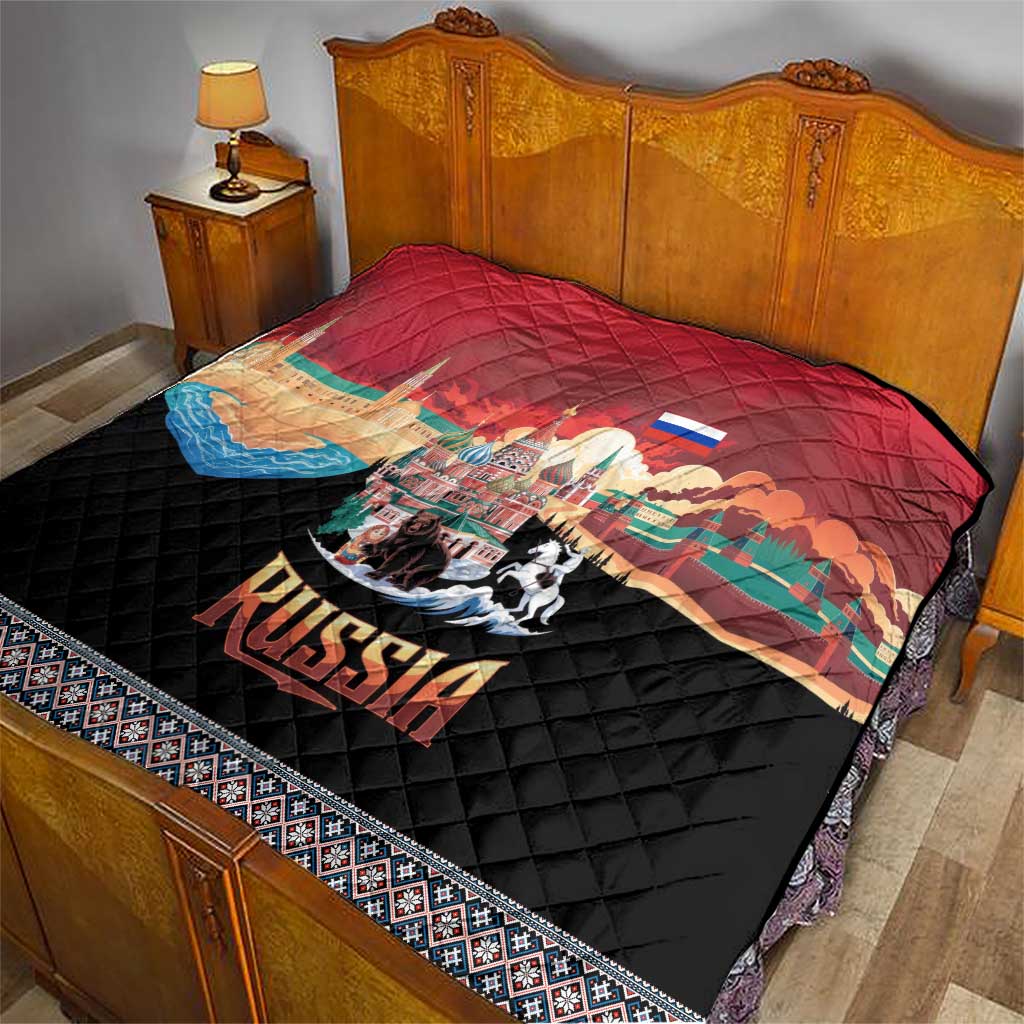 Russia Flag Red and Black Pullover Quilt with Moscow Skyline Bear and Horse Design