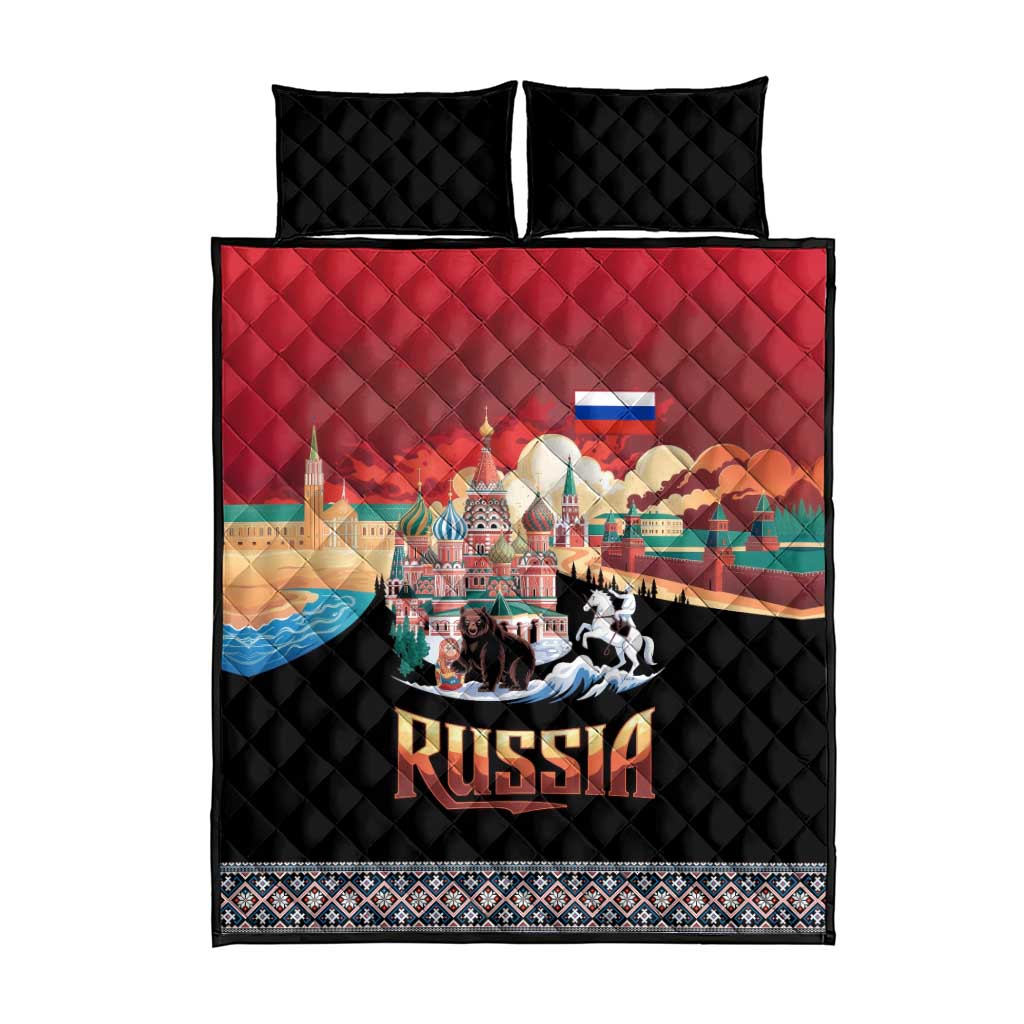 Russia Flag Red and Black Pullover Quilt Bed Set with Moscow Skyline Bear and Horse Design