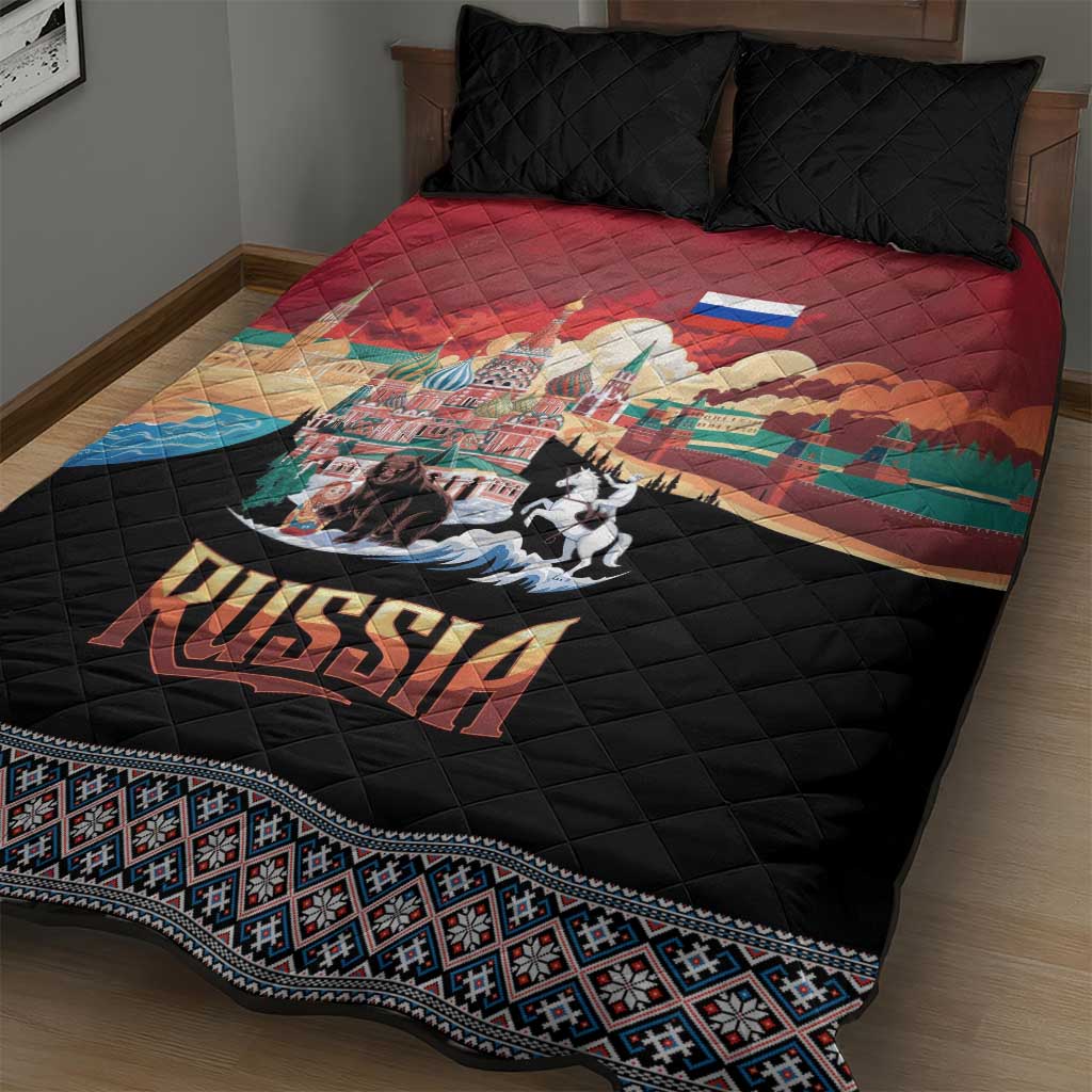 Russia Flag Red and Black Pullover Quilt Bed Set with Moscow Skyline Bear and Horse Design