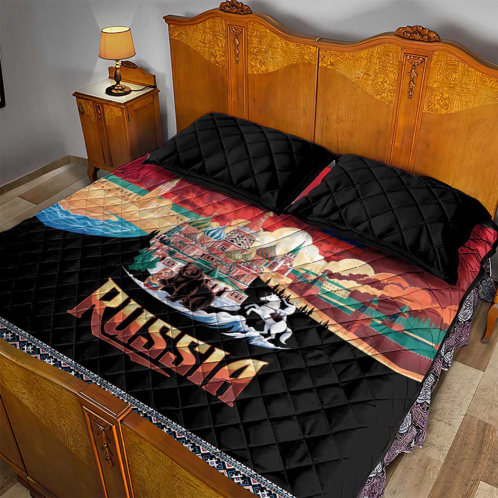 Russia Flag Red and Black Pullover Quilt Bed Set with Moscow Skyline Bear and Horse Design