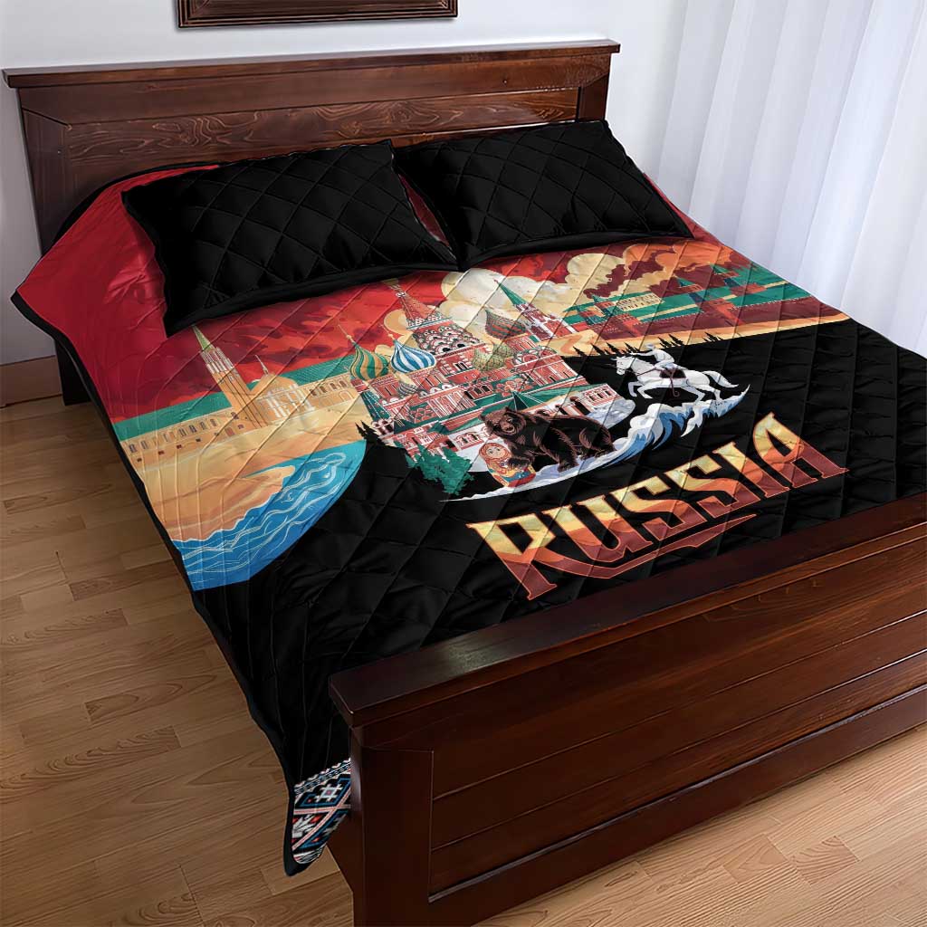 Russia Flag Red and Black Pullover Quilt Bed Set with Moscow Skyline Bear and Horse Design