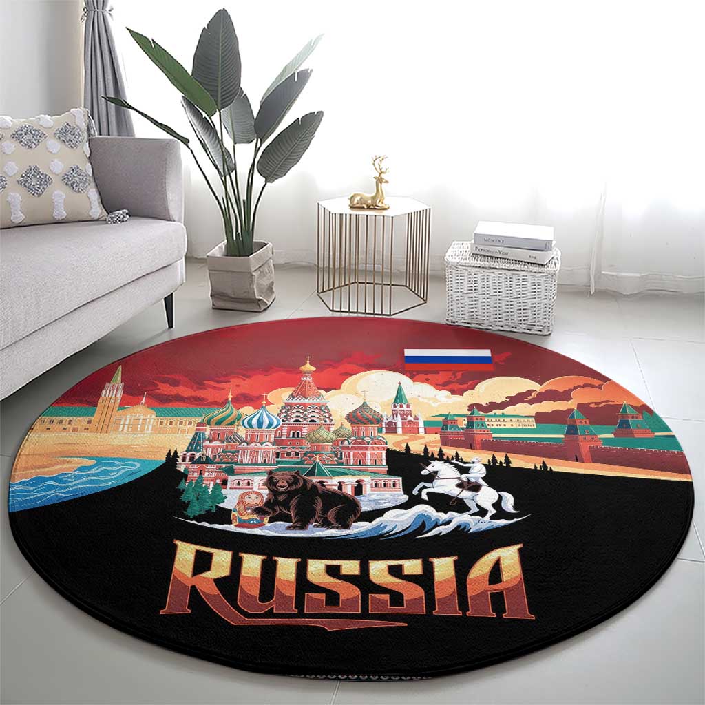 Russia Flag Red and Black Pullover Round Carpet with Moscow Skyline Bear and Horse Design