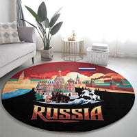 Russia Flag Red and Black Pullover Round Carpet with Moscow Skyline Bear and Horse Design