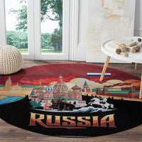 Russia Flag Red and Black Pullover Round Carpet with Moscow Skyline Bear and Horse Design