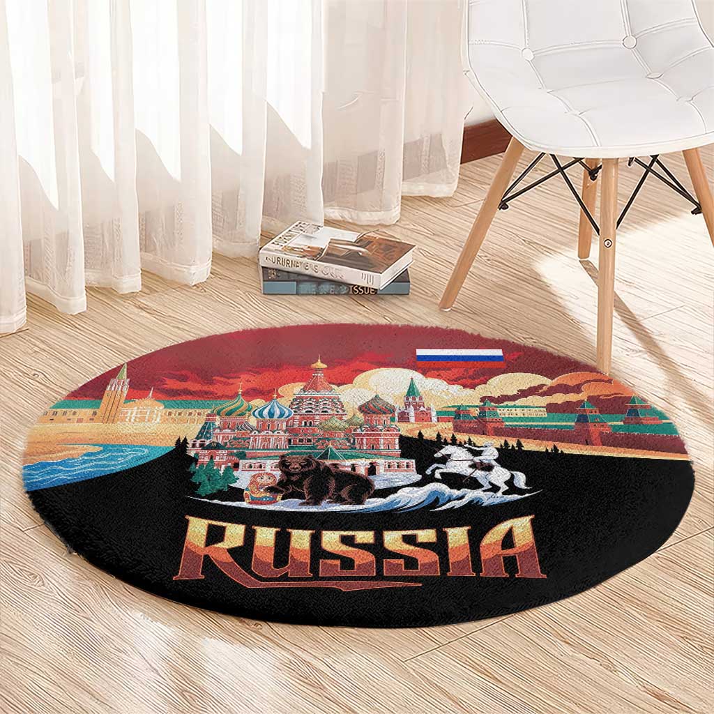 Russia Flag Red and Black Pullover Round Carpet with Moscow Skyline Bear and Horse Design