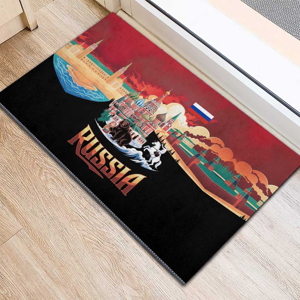 Russia Flag Red and Black Pullover Rubber Doormat with Moscow Skyline Bear and Horse Design