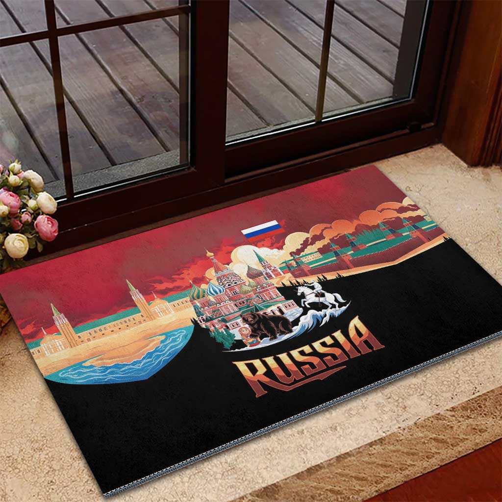 Russia Flag Red and Black Pullover Rubber Doormat with Moscow Skyline Bear and Horse Design