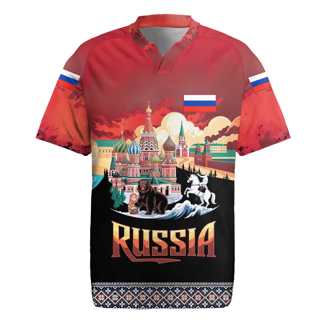 Russia Flag Red and Black Pullover Rugby Jersey with Moscow Skyline Bear and Horse Design