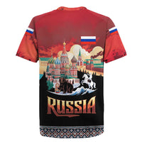 Russia Flag Red and Black Pullover Rugby Jersey with Moscow Skyline Bear and Horse Design