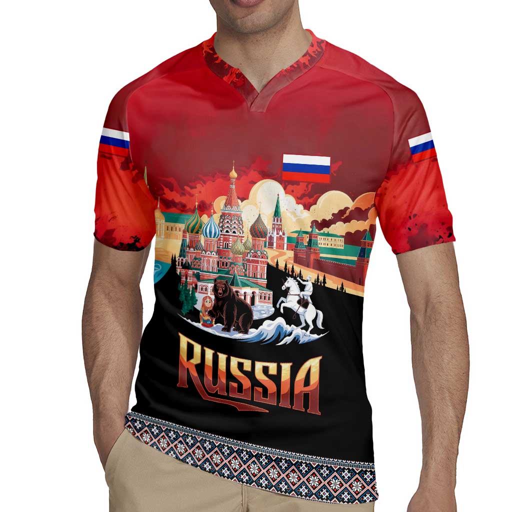 Russia Flag Red and Black Pullover Rugby Jersey with Moscow Skyline Bear and Horse Design