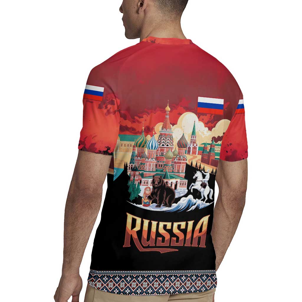 Russia Flag Red and Black Pullover Rugby Jersey with Moscow Skyline Bear and Horse Design