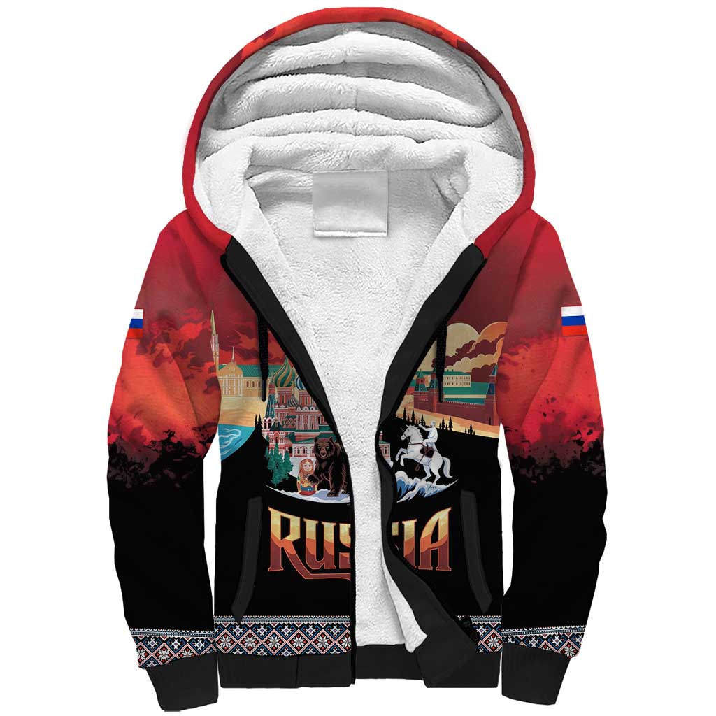 Russia Flag Red and Black Pullover Sherpa Hoodie with Moscow Skyline Bear and Horse Design