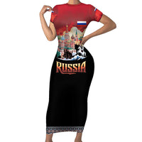 Russia Flag Red and Black Pullover Short Sleeve Bodycon Dress with Moscow Skyline Bear and Horse Design