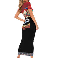 Russia Flag Red and Black Pullover Short Sleeve Bodycon Dress with Moscow Skyline Bear and Horse Design