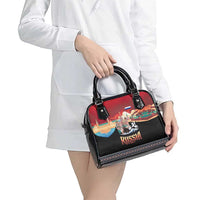 Russia Flag Red and Black Pullover Shoulder Handbag with Moscow Skyline Bear and Horse Design