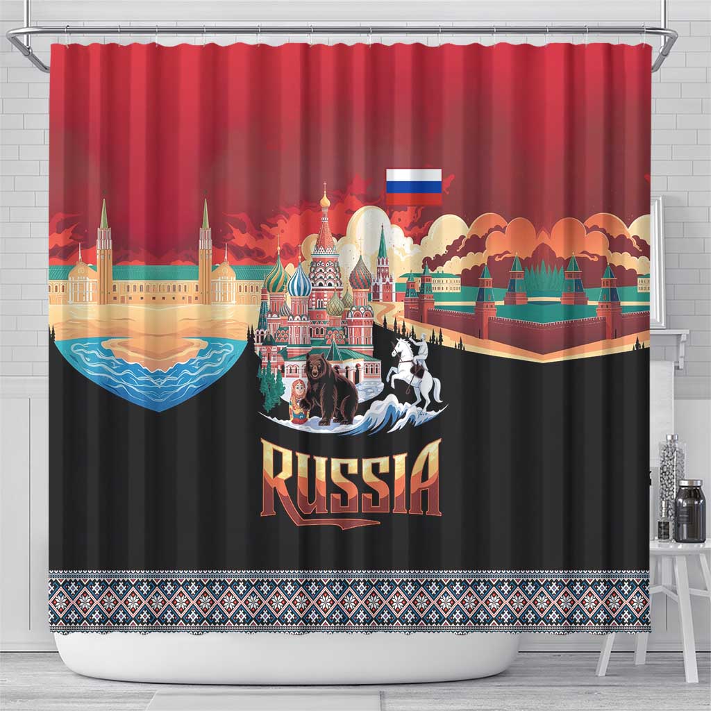 Russia Flag Red and Black Pullover Shower Curtain with Moscow Skyline Bear and Horse Design