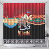 Russia Flag Red and Black Pullover Shower Curtain with Moscow Skyline Bear and Horse Design