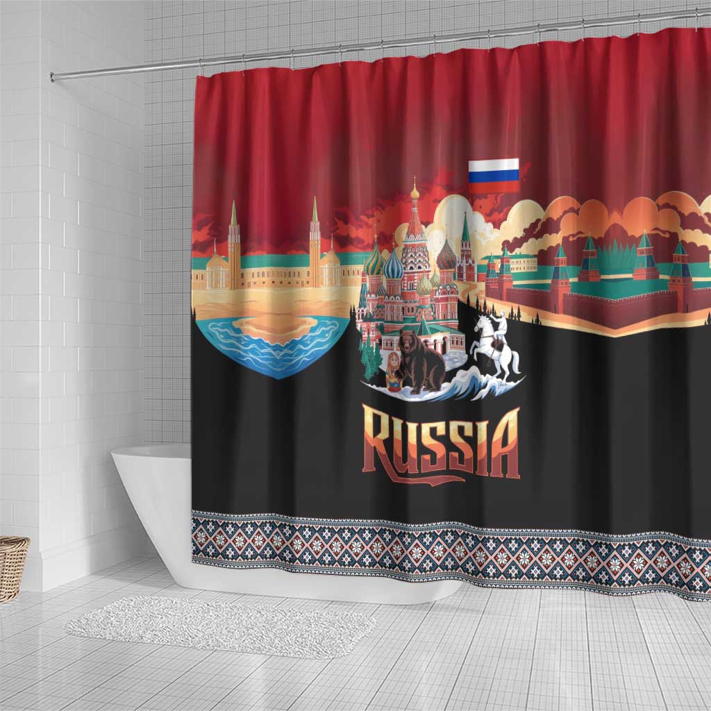 Russia Flag Red and Black Pullover Shower Curtain with Moscow Skyline Bear and Horse Design