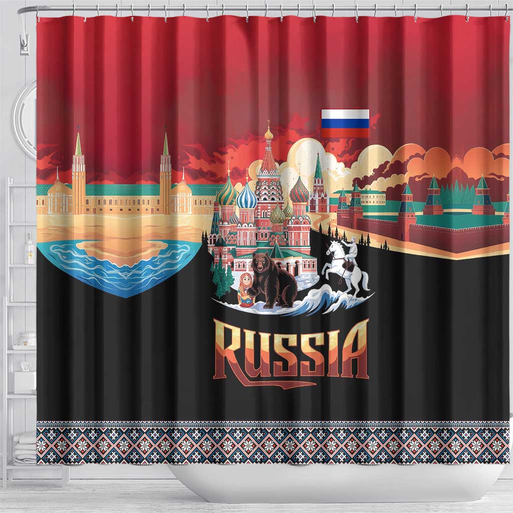 Russia Flag Red and Black Pullover Shower Curtain with Moscow Skyline Bear and Horse Design