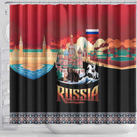 Russia Flag Red and Black Pullover Shower Curtain with Moscow Skyline Bear and Horse Design