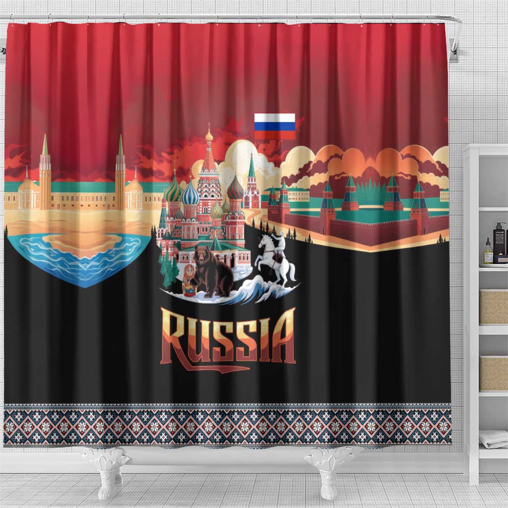 Russia Flag Red and Black Pullover Shower Curtain with Moscow Skyline Bear and Horse Design