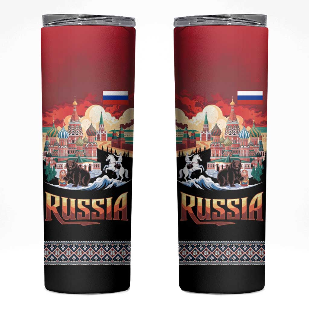 Russia Flag Red and Black Pullover Skinny Tumbler with Moscow Skyline Bear and Horse Design