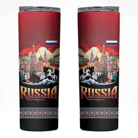 Russia Flag Red and Black Pullover Skinny Tumbler with Moscow Skyline Bear and Horse Design