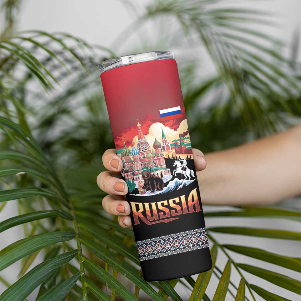 Russia Flag Red and Black Pullover Skinny Tumbler with Moscow Skyline Bear and Horse Design