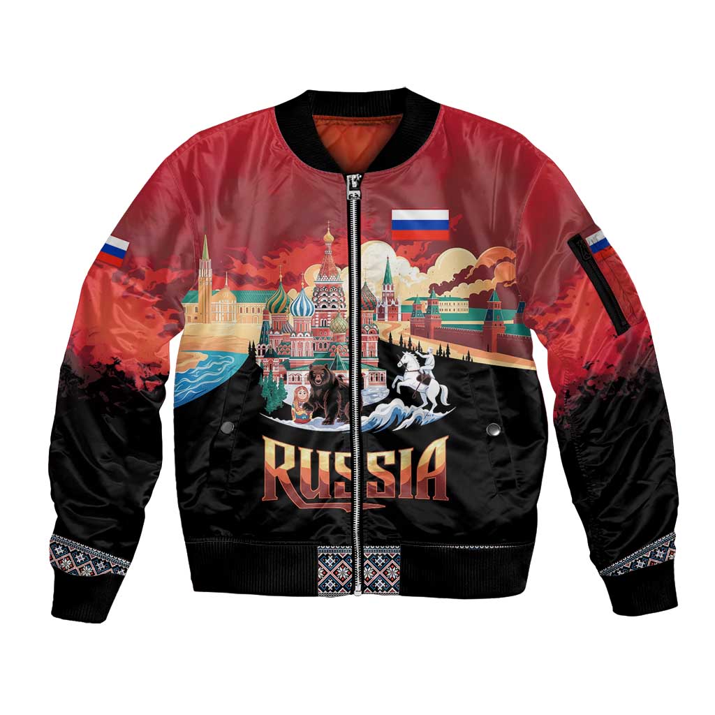 Russia Flag Red and Black Pullover Sleeve Zip Bomber Jacket with Moscow Skyline Bear and Horse Design