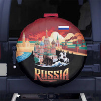 Russia Flag Red and Black Pullover Spare Tire Cover with Moscow Skyline Bear and Horse Design