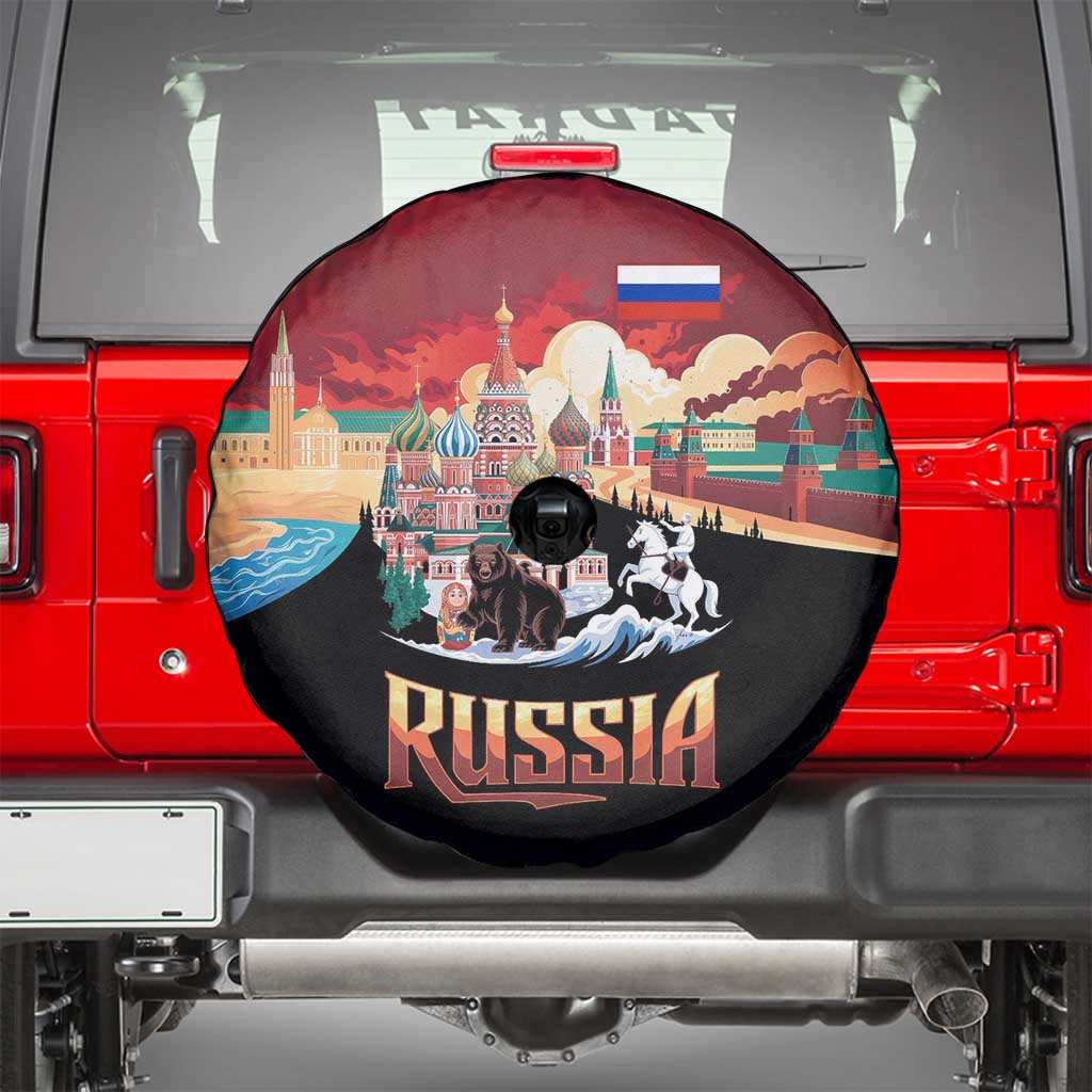 Russia Flag Red and Black Pullover Spare Tire Cover with Moscow Skyline Bear and Horse Design