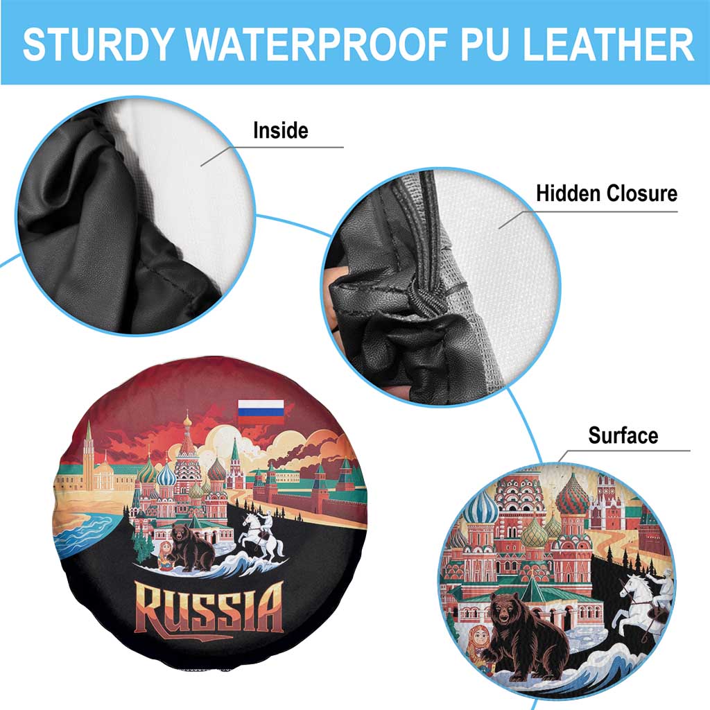 Russia Flag Red and Black Pullover Spare Tire Cover with Moscow Skyline Bear and Horse Design