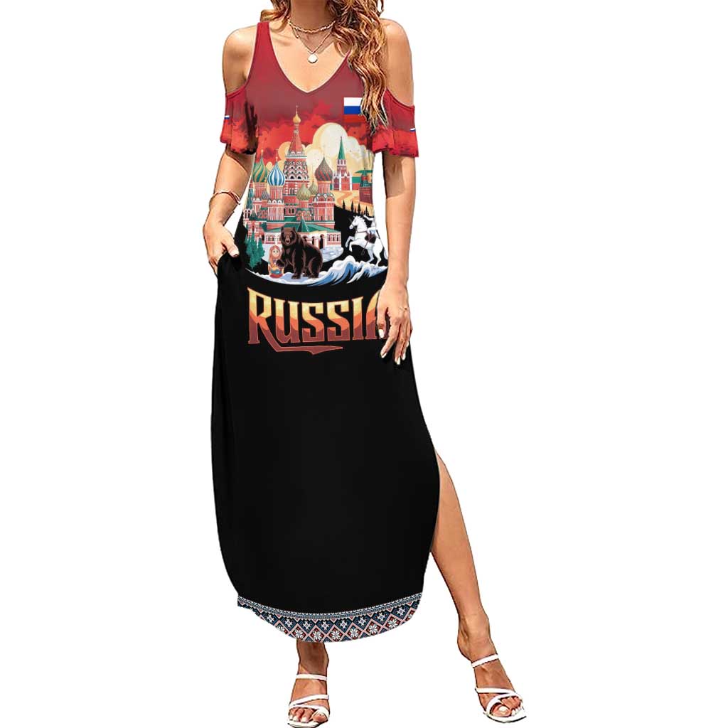 Russia Flag Red and Black Pullover Summer Maxi Dress with Moscow Skyline Bear and Horse Design