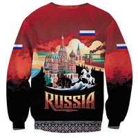 Russia Flag Red and Black Pullover Sweatshirt with Moscow Skyline Bear and Horse Design