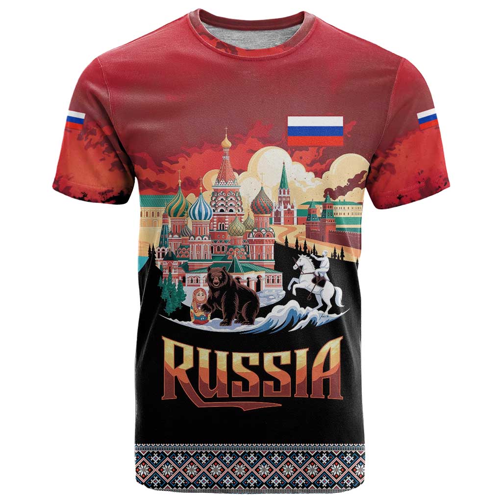Russia Flag Red and Black Pullover T Shirt with Moscow Skyline Bear and Horse Design