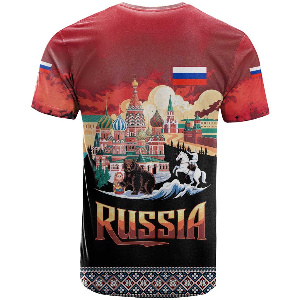 Russia Flag Red and Black Pullover T Shirt with Moscow Skyline Bear and Horse Design