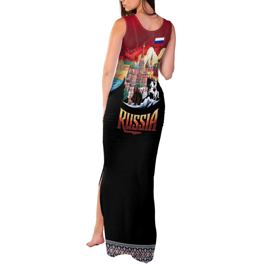 Russia Flag Red and Black Pullover Tank Maxi Dress with Moscow Skyline Bear and Horse Design