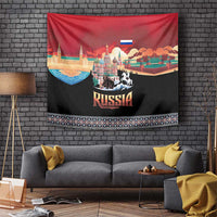 Russia Flag Red and Black Pullover Tapestry with Moscow Skyline Bear and Horse Design