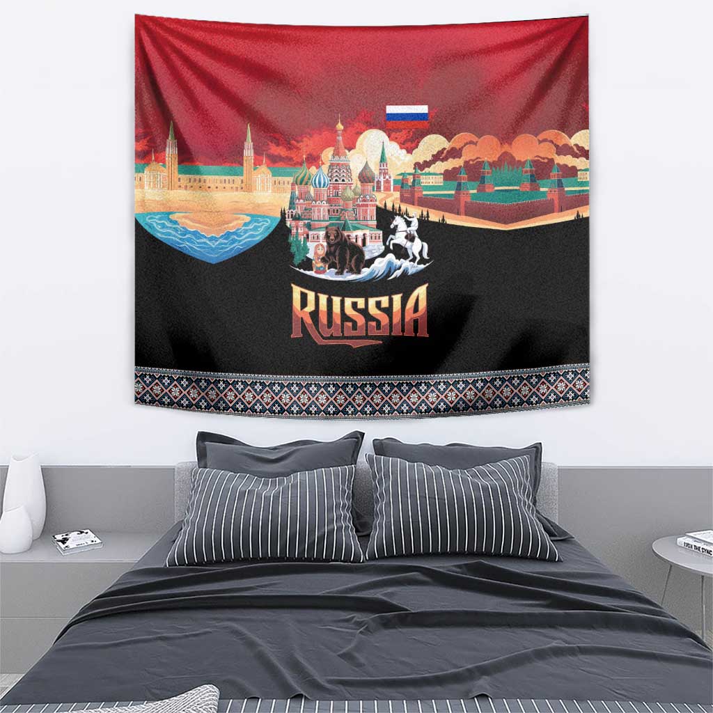 Russia Flag Red and Black Pullover Tapestry with Moscow Skyline Bear and Horse Design