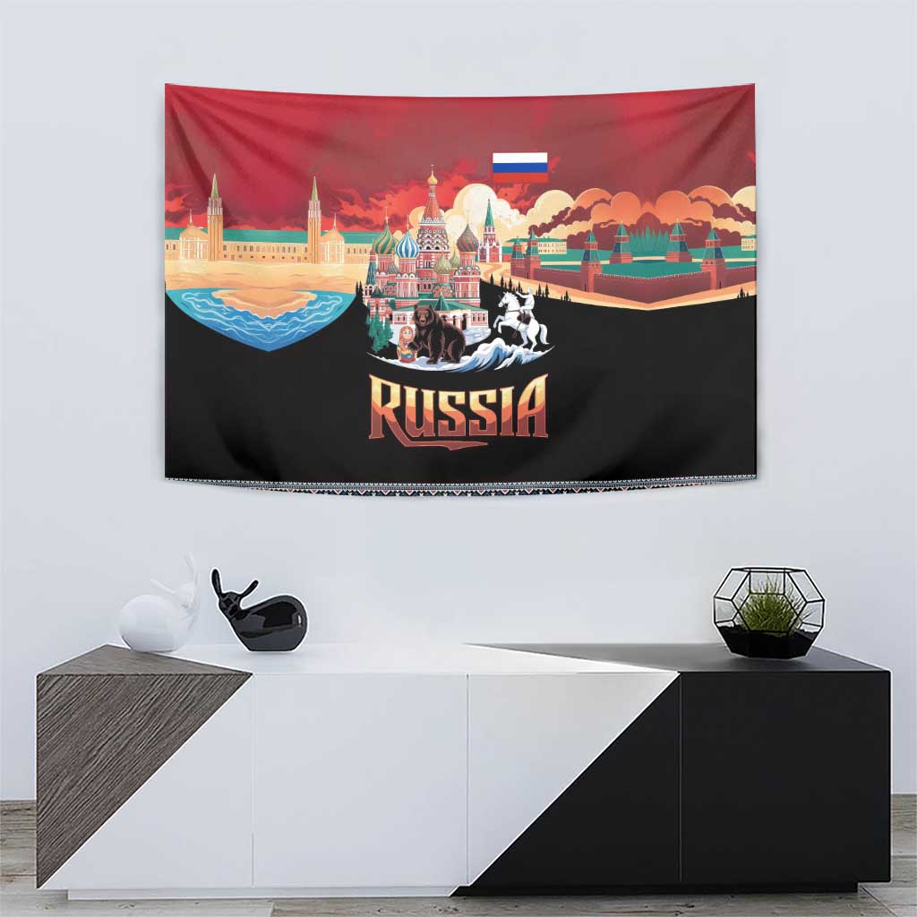 Russia Flag Red and Black Pullover Tapestry with Moscow Skyline Bear and Horse Design