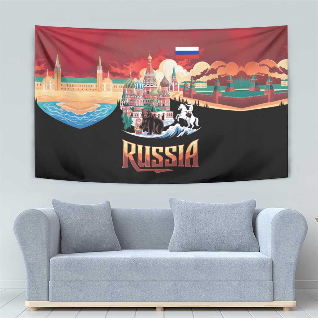 Russia Flag Red and Black Pullover Tapestry with Moscow Skyline Bear and Horse Design