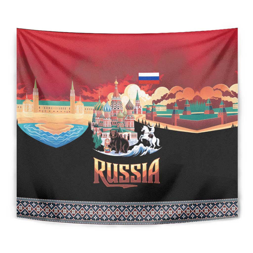 Russia Flag Red and Black Pullover Tapestry with Moscow Skyline Bear and Horse Design