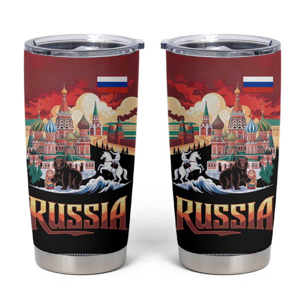 Russia Flag Red and Black Pullover Tumbler Cup with Moscow Skyline Bear and Horse Design