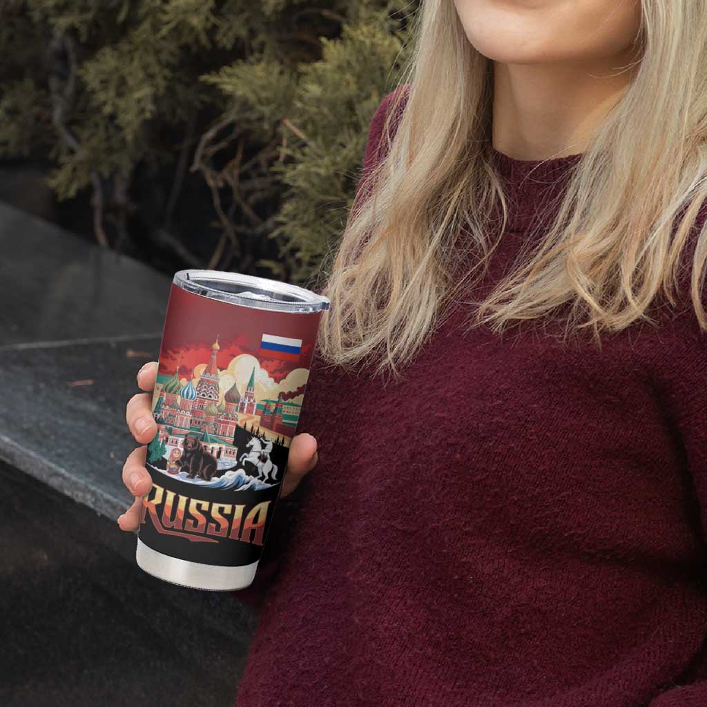 Russia Flag Red and Black Pullover Tumbler Cup with Moscow Skyline Bear and Horse Design