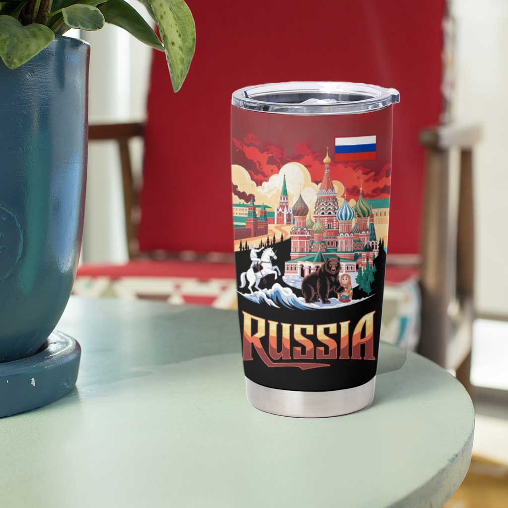 Russia Flag Red and Black Pullover Tumbler Cup with Moscow Skyline Bear and Horse Design