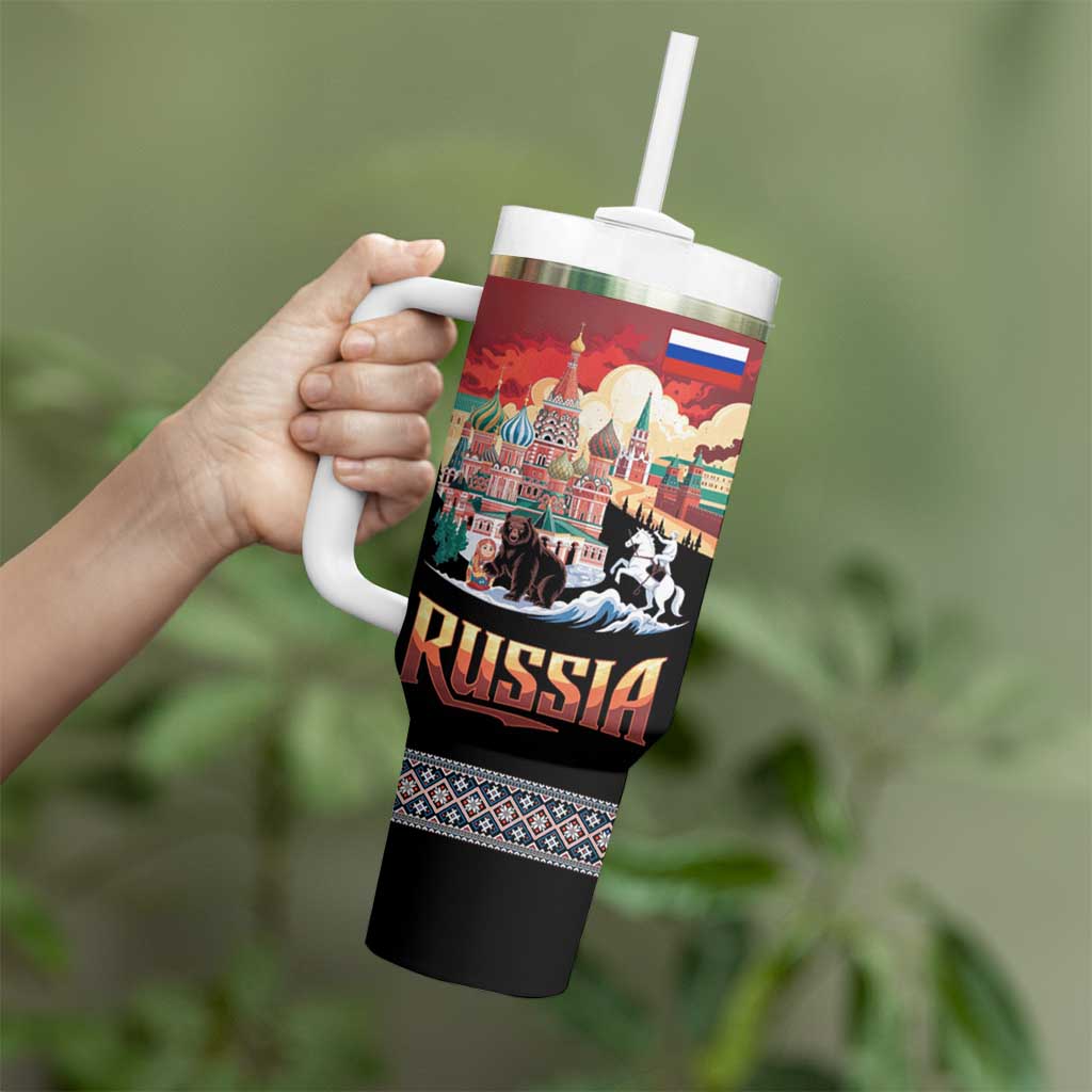 Russia Flag Red and Black Pullover Tumbler With Handle with Moscow Skyline Bear and Horse Design