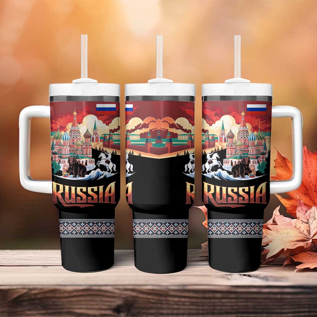 Russia Flag Red and Black Pullover Tumbler With Handle with Moscow Skyline Bear and Horse Design
