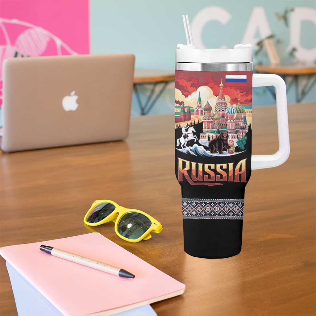 Russia Flag Red and Black Pullover Tumbler With Handle with Moscow Skyline Bear and Horse Design